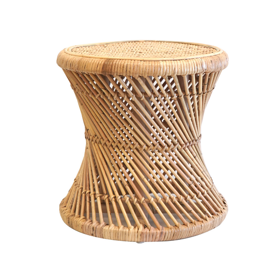 Premium indoor stool crafted in rattan & wicker, in a natural brown colour. Shaped like an hour-glass, the cylindrical top has a woven pattern, while the body covered with narrow intricate columns. The stool’s circular top, columns and circular base, are wrapped with neatly laid rattan strings.