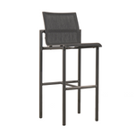 Contemporary yet transitional premium aluminum outdoor barstool, space grey finish, square frame, slate grey coloured one piece mesh sling seat and back, foot rest, tubular frame and legs