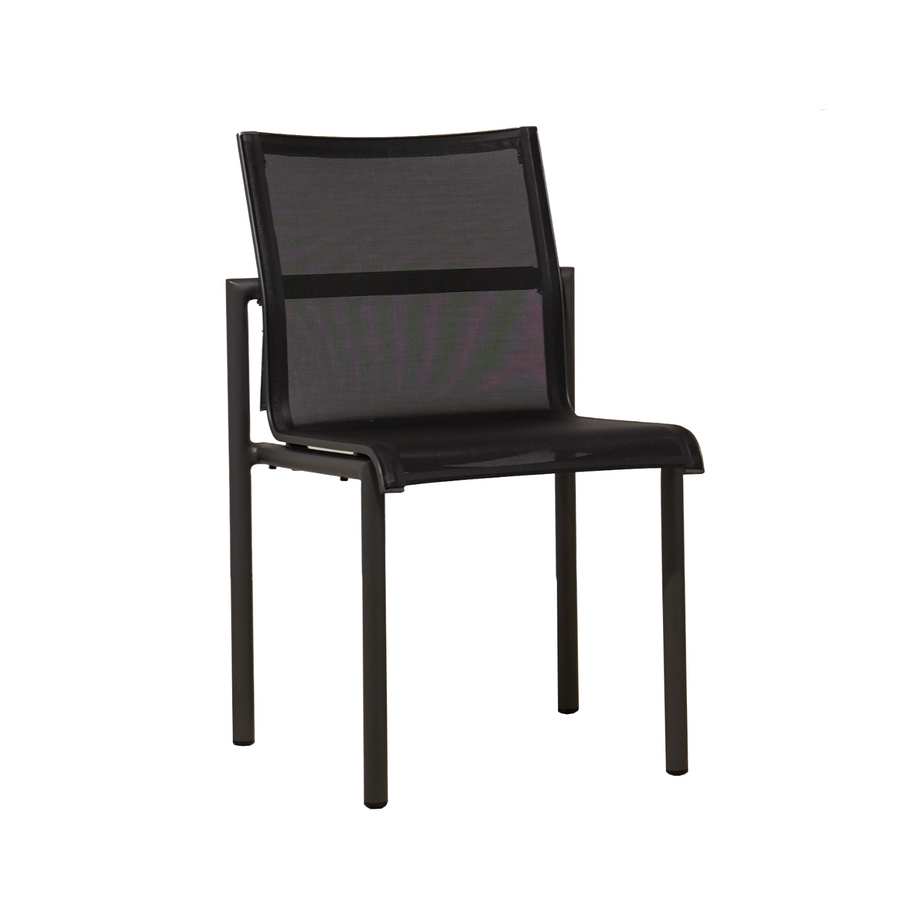 Premium outdoor side chair , sleek mix of black tubular aluminum frame, teak detailing on back of seat frame, black mesh sling seat