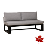 contemporary  aluminum armless loveseat or sectional unit with  two deep back cushions, one long bench style seat cushion with a black frame and Sunbrella Canvas Granite fabric