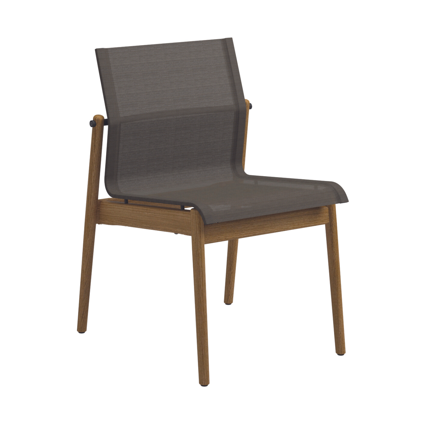 Premium outdoor contemporary Danish style teak framed side chair in Anthracite curved mesh sling fabric