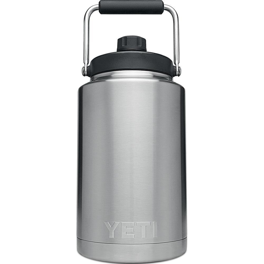 Yeti one gallon stainless steel Rambler jug, stainless steel handle with black handle grip, drinking spout and removable black lid